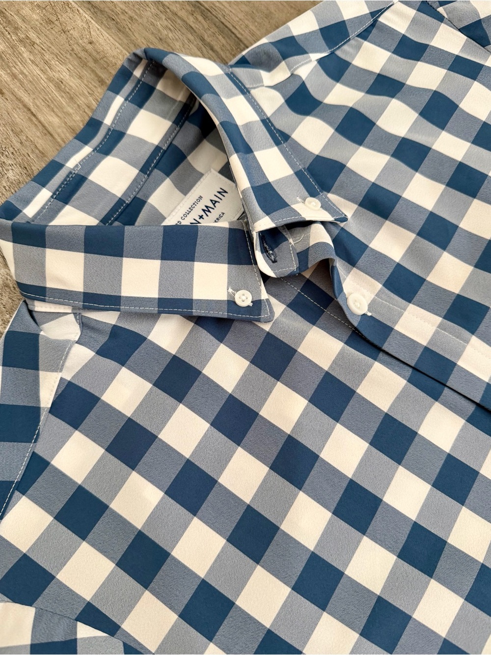 Mizzen+Main Blue and White Gingham Button-Down Trim Fit Stretch Shirt